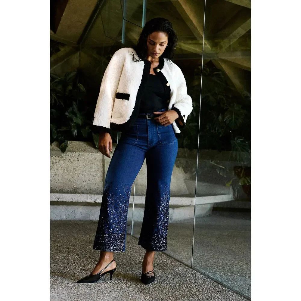 Anthropologie Maeve Colette Sequin High-Rise Wide-Leg Cropped Jeans
